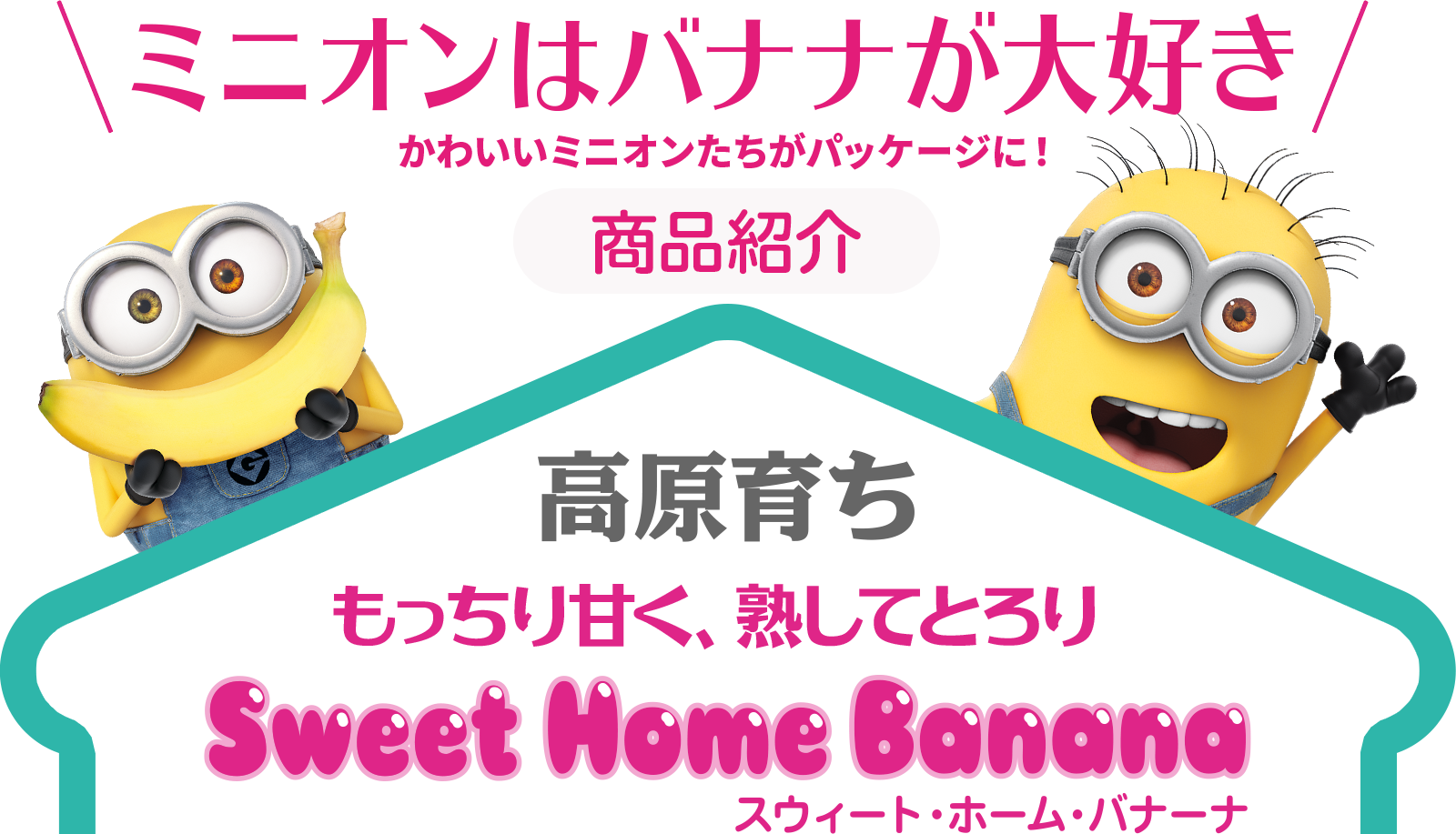 ミニオンはバナナが大好き
			かわいいミニオンたちがパッケージに！
			商品紹介
			高原育ち
			もっちり甘く、熟してとろりSweet Home BANANA
スウィート・ホーム・バナーナ