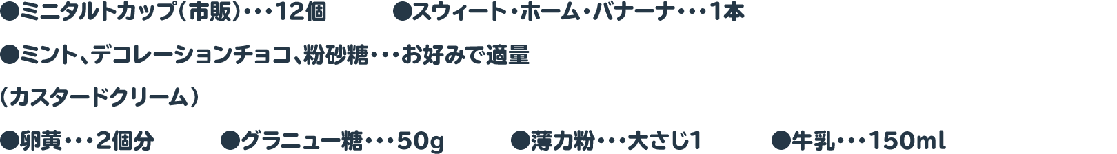 ●ミニタルトカップ（市販）・・・12個　●スウィート・ホーム・バナーナ・・・1本　●ミント、デコレーションチョコ、粉砂糖・・・お好みで適量
 				（カスタードクリーム）
 					●卵黄・・・2個分　●グラニュー糖・・・50g　●薄力粉・・・大さじ1　●牛乳・・・150ml