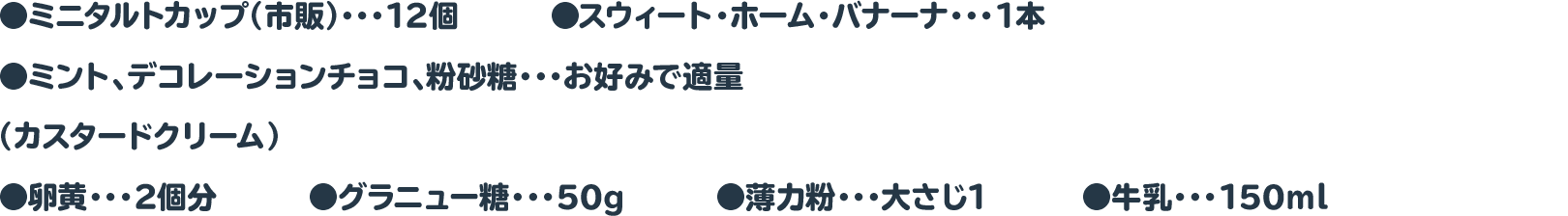 ●ミニタルトカップ（市販）・・・12個　●スウィート・ホーム・バナーナ・・・1本　●ミント、デコレーションチョコ、粉砂糖・・・お好みで適量
				（カスタードクリーム）
					●卵黄・・・2個分　●グラニュー糖・・・50g　●薄力粉・・・大さじ1　●牛乳・・・150ml