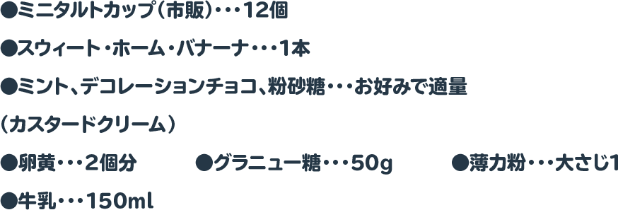 ●ミニタルトカップ（市販）・・・12個　●スウィート・ホーム・バナーナ・・・1本　●ミント、デコレーションチョコ、粉砂糖・・・お好みで適量
 				（カスタードクリーム）
 					●卵黄・・・2個分　●グラニュー糖・・・50g　●薄力粉・・・大さじ1　●牛乳・・・150ml