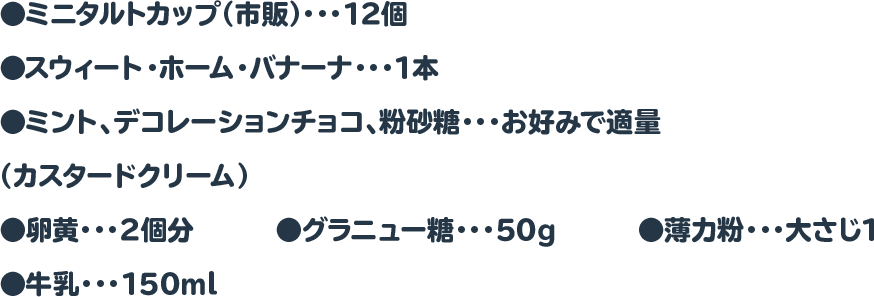 ●ミニタルトカップ（市販）・・・12個　●スウィート・ホーム・バナーナ・・・1本　●ミント、デコレーションチョコ、粉砂糖・・・お好みで適量
				（カスタードクリーム）
					●卵黄・・・2個分　●グラニュー糖・・・50g　●薄力粉・・・大さじ1　●牛乳・・・150ml