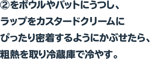 ②をボウルやバットにうつし、ラップをカスタードクリームにぴったり密着するようにかぶせたら、粗熱を取り冷蔵庫で冷やす。